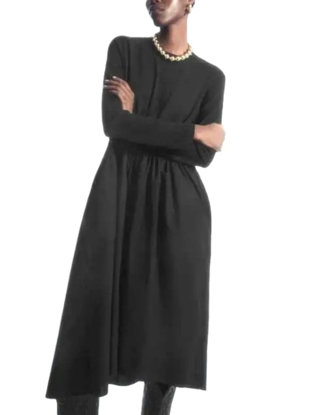 COS ASYMMETRIC GATHERED-WAIST MIDI DRESS BLACK LARGE